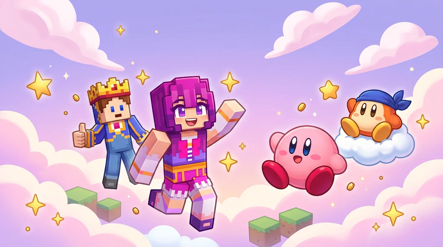 Karo and friends — Kirby, a bandana Waddle Dee and the crowned co-op partner — floating in a dreamy sky