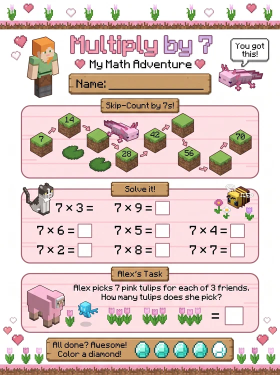 Preview of Minecraft Multiply by 7 worksheet