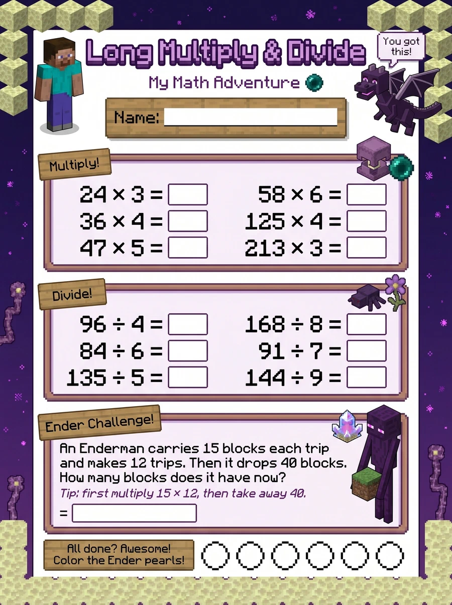 Preview of the Minecraft Long Multiply & Divide worksheet