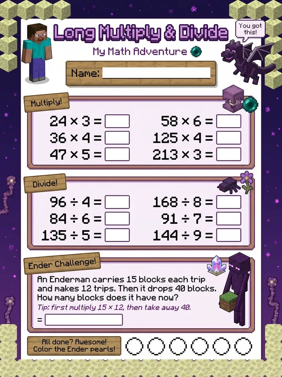 Preview of Minecraft Long Multiply & Divide worksheet