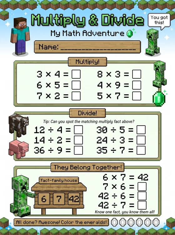 Preview of Minecraft Multiply & Divide worksheet