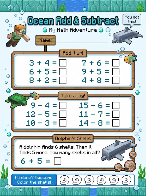 Preview of Minecraft Ocean Add & Subtract worksheet