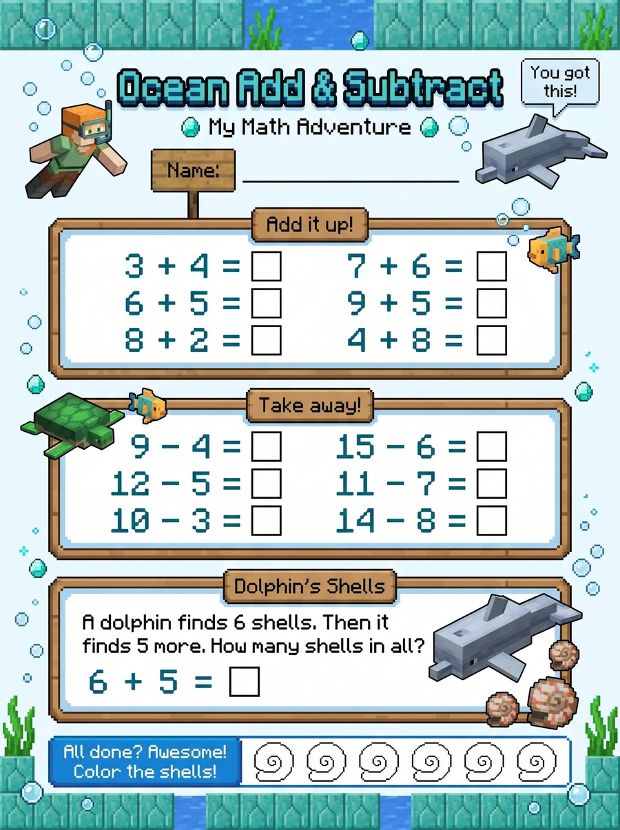 Preview of the Minecraft Ocean Add & Subtract worksheet